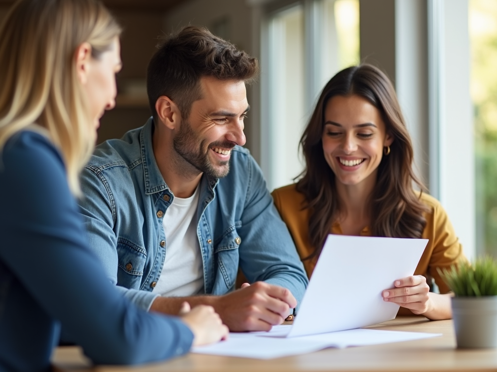 Couple happily signing FHA loan documents with a lender