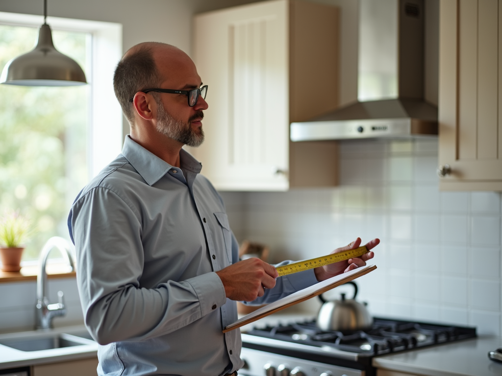 Appraiser measuring a kitchen during an FHA appraisal