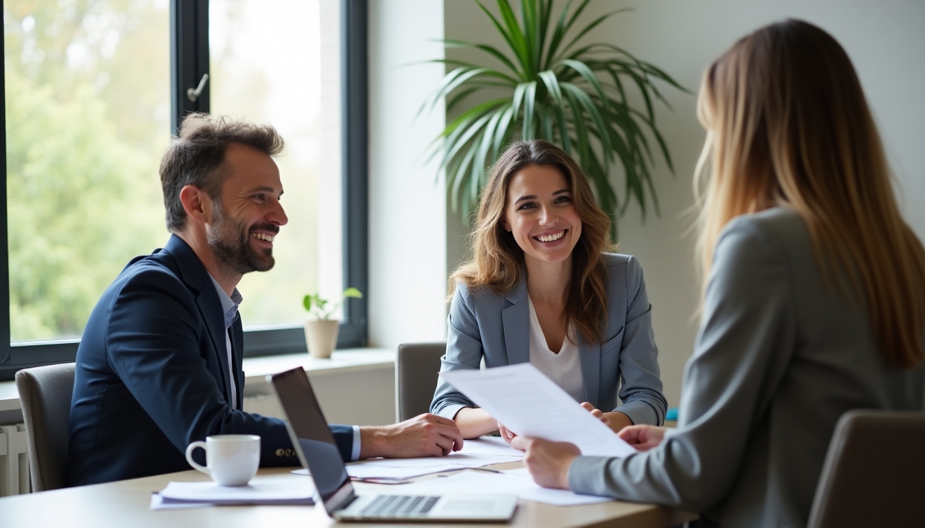A young couple sitting with a banker, reviewing loan documents enthusiastically.