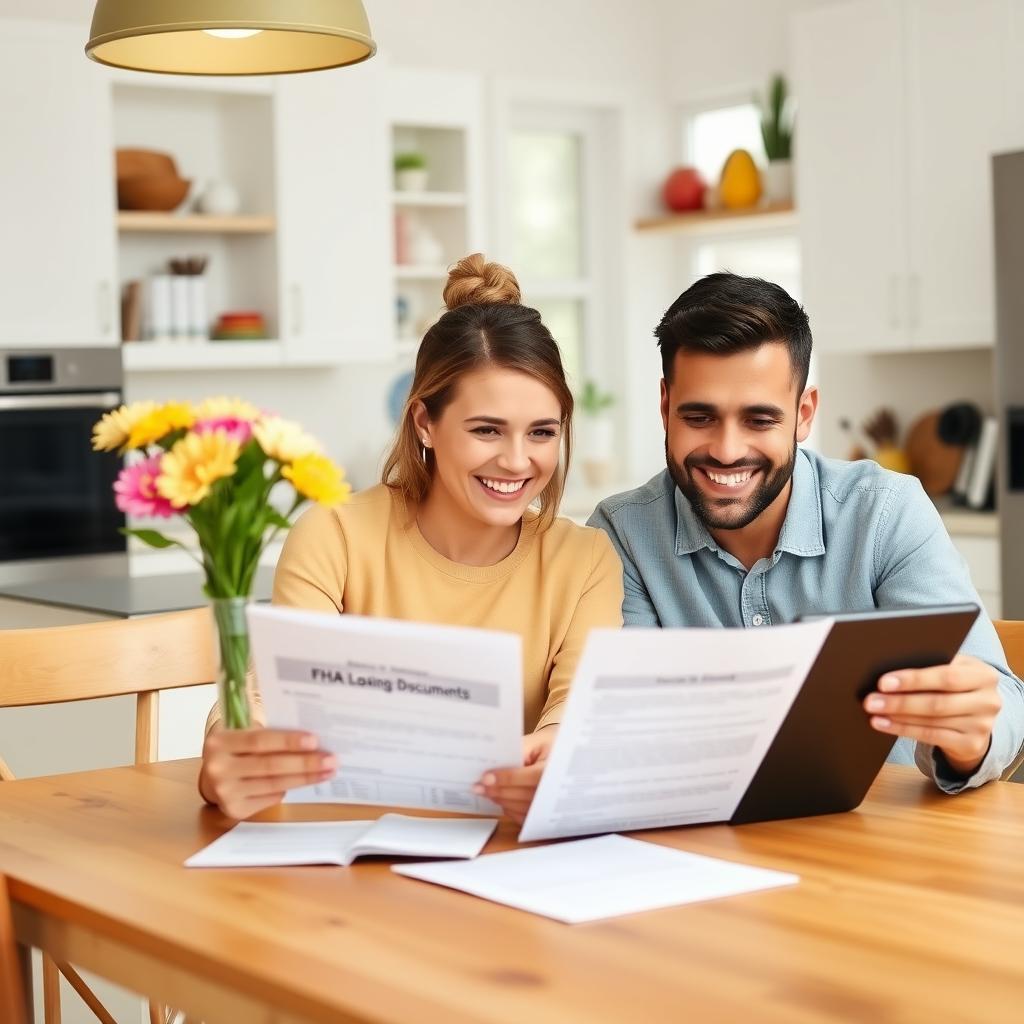 Couple reviewing FHA loan documents on a tablet in a bright kitchen