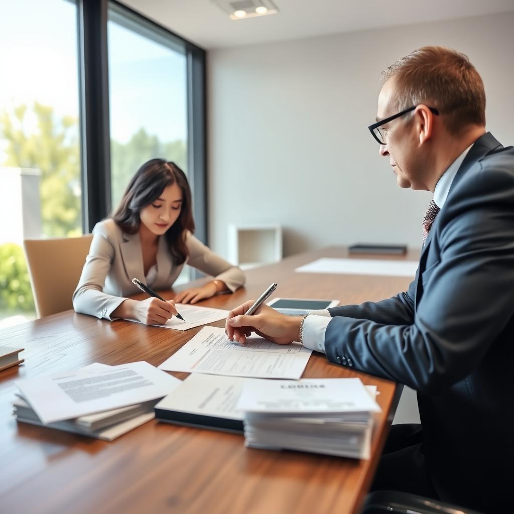 Person signing mortgage documents at a closing table with a real estate agent and lender.