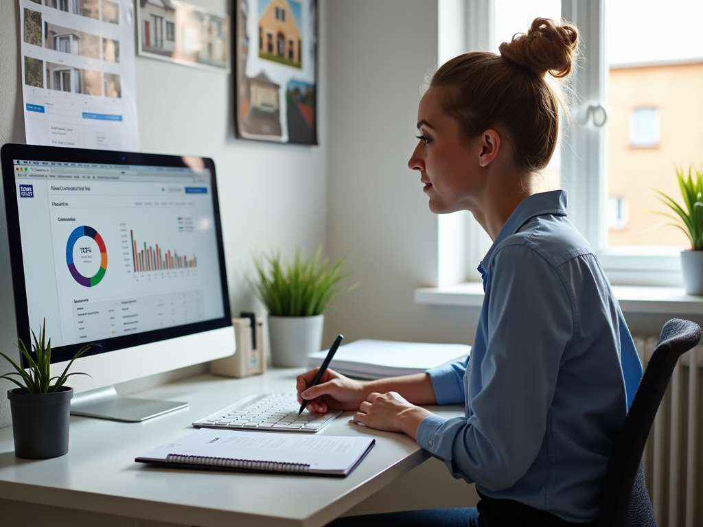 Real estate agent analyzing client data on a computer.