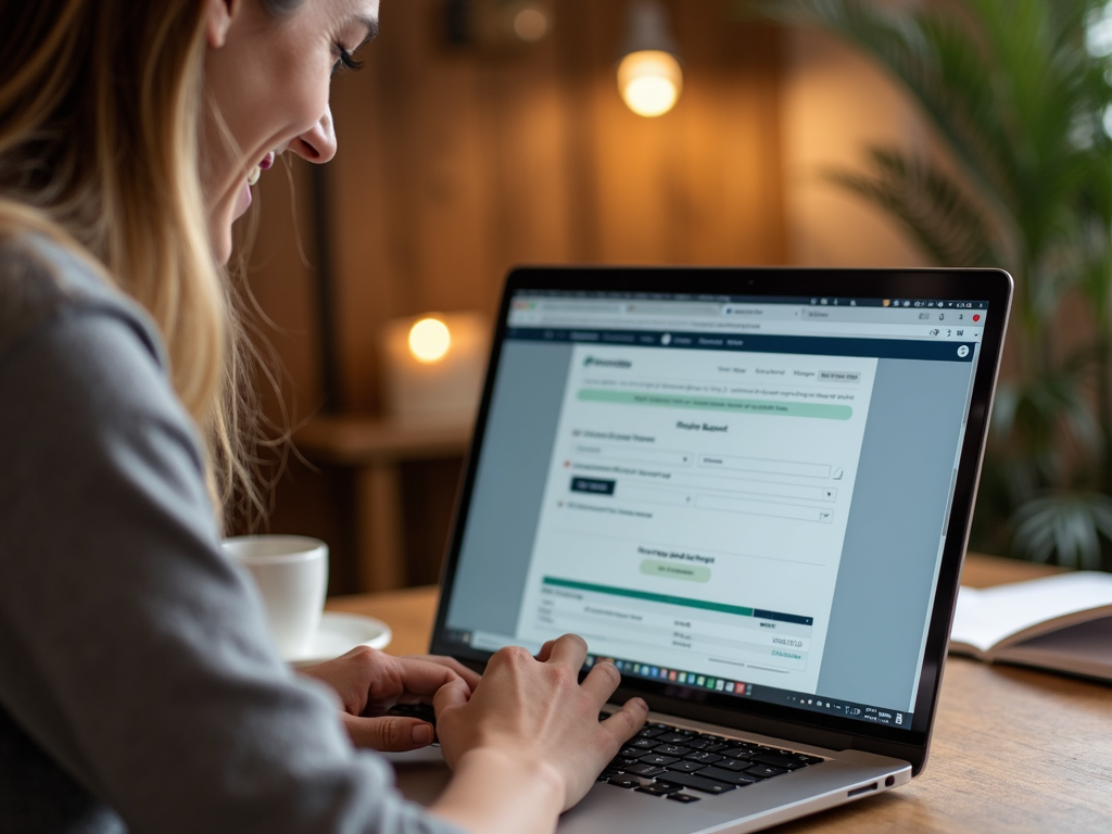 A person happily completing an online mortgage application on a laptop in a home office.