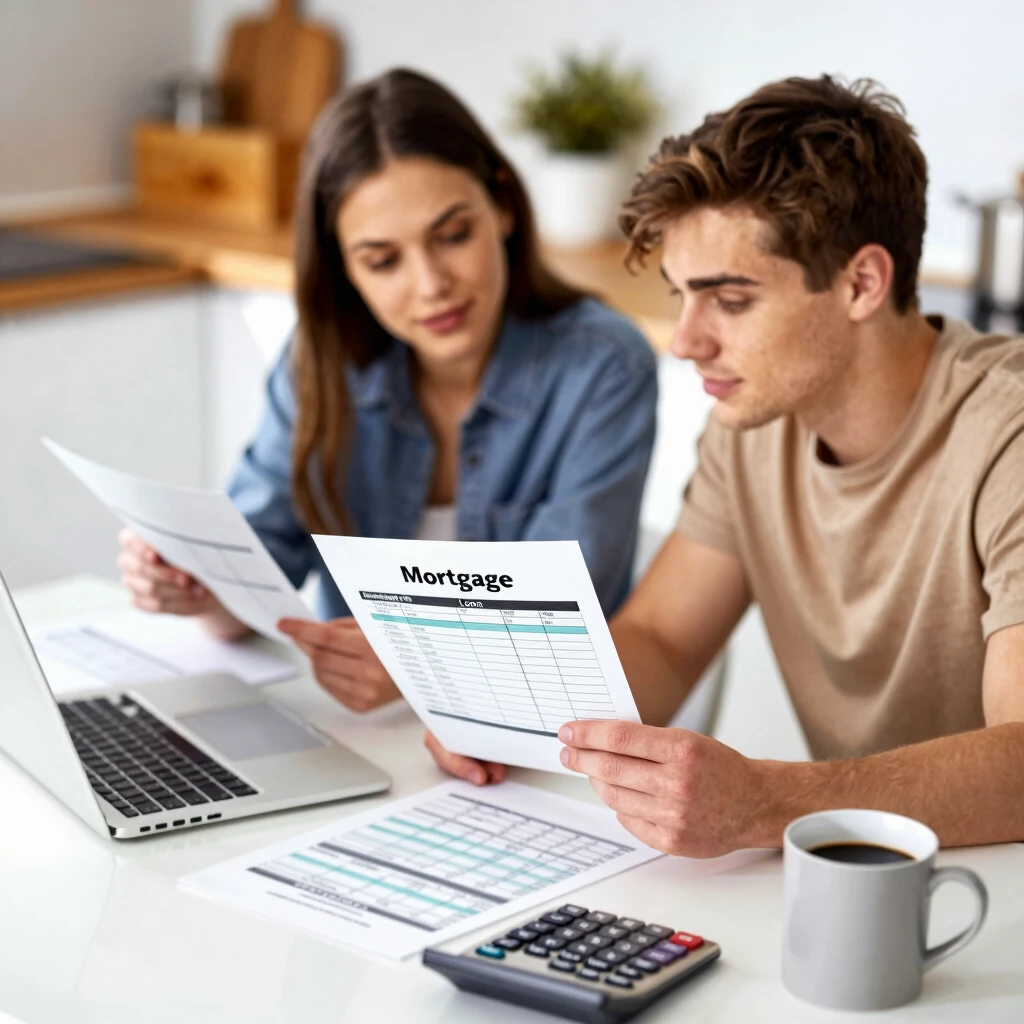 First-time homebuyers reviewing mortgage documents and budget at home