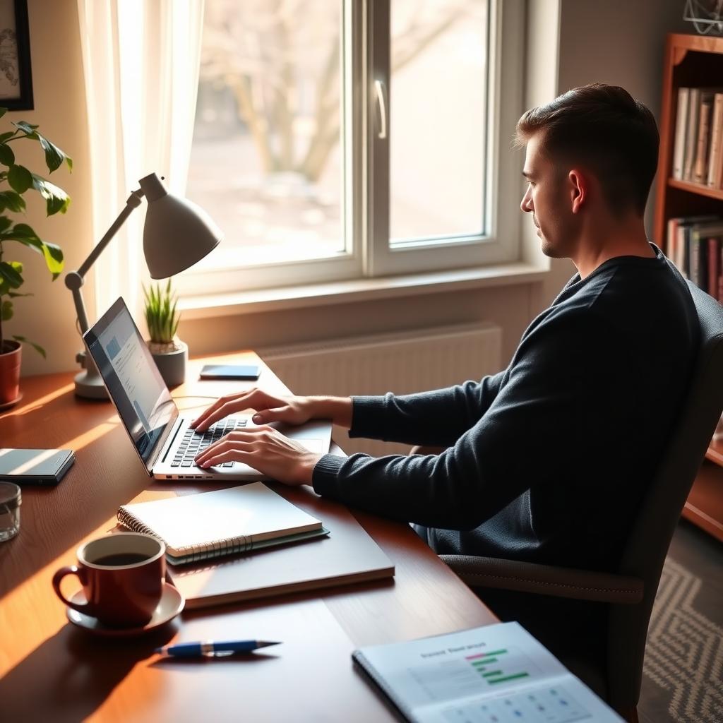 Person reviewing credit report on laptop at home office desk