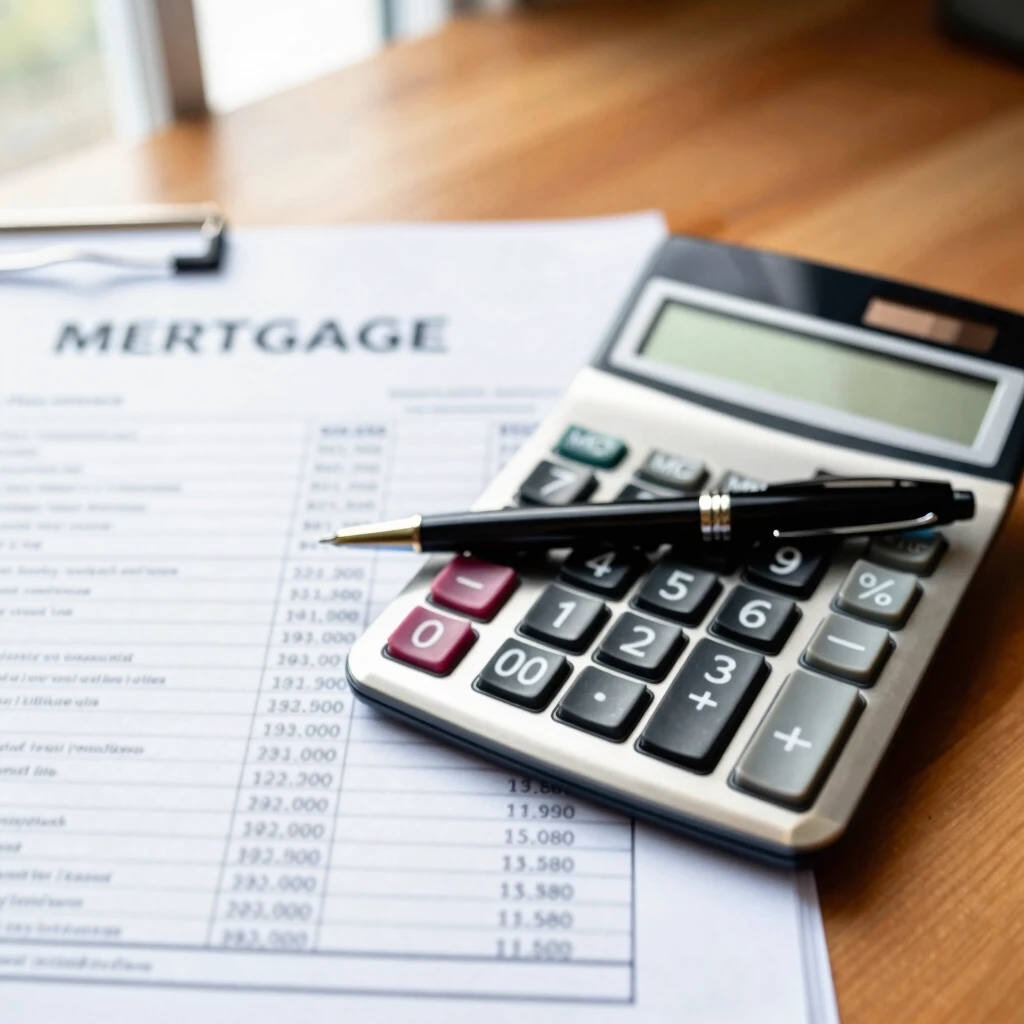 Calculator and documents highlighting mortgage fees