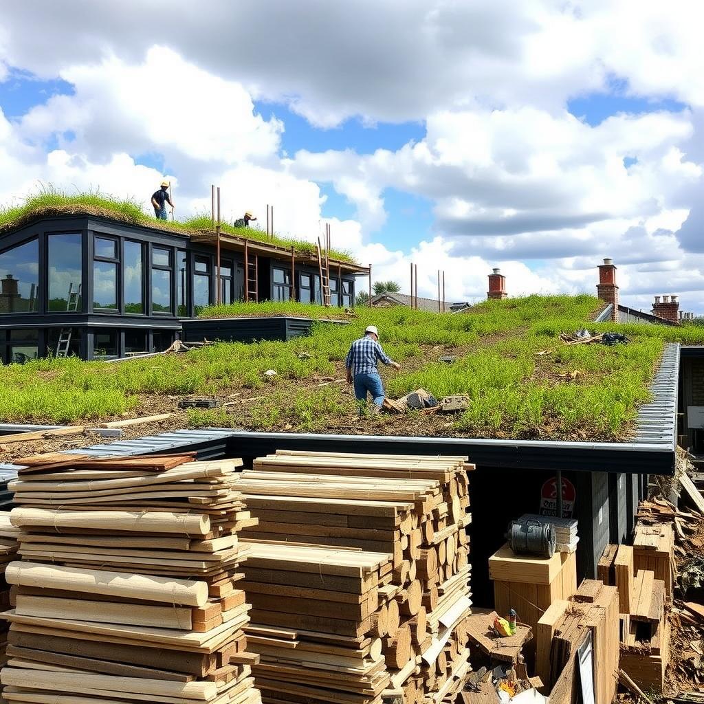 Construction site with green roof and sustainable materials