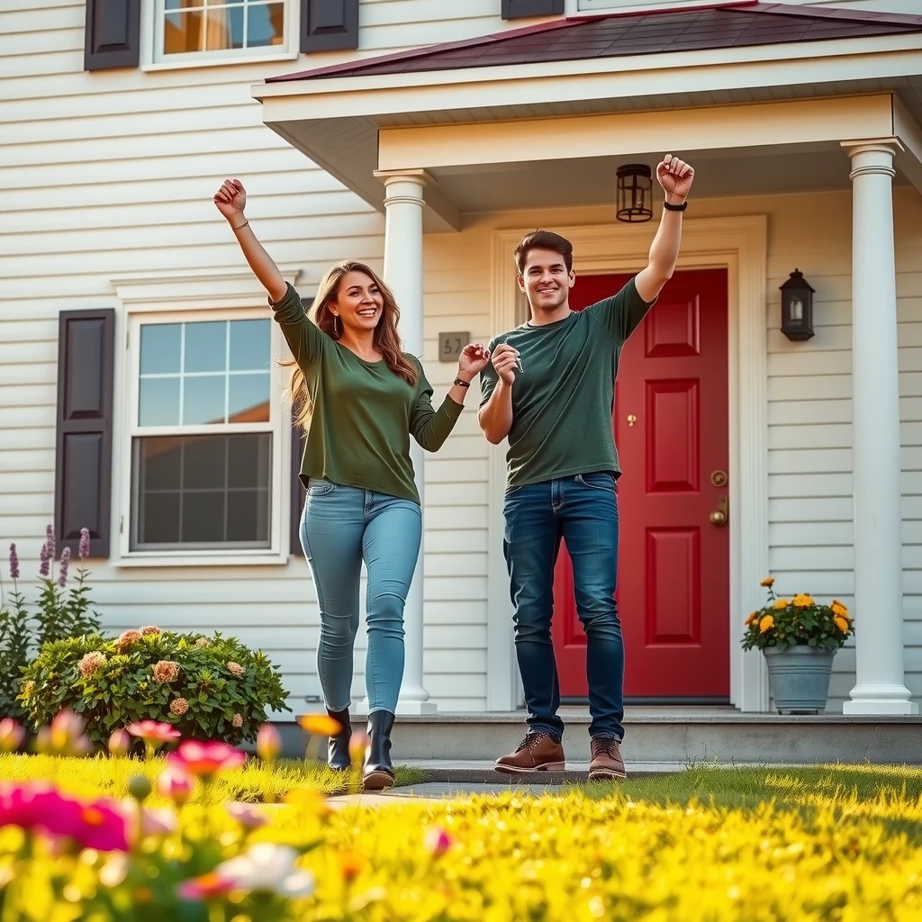 Excited first-time home buyers celebrating with keys to their new house