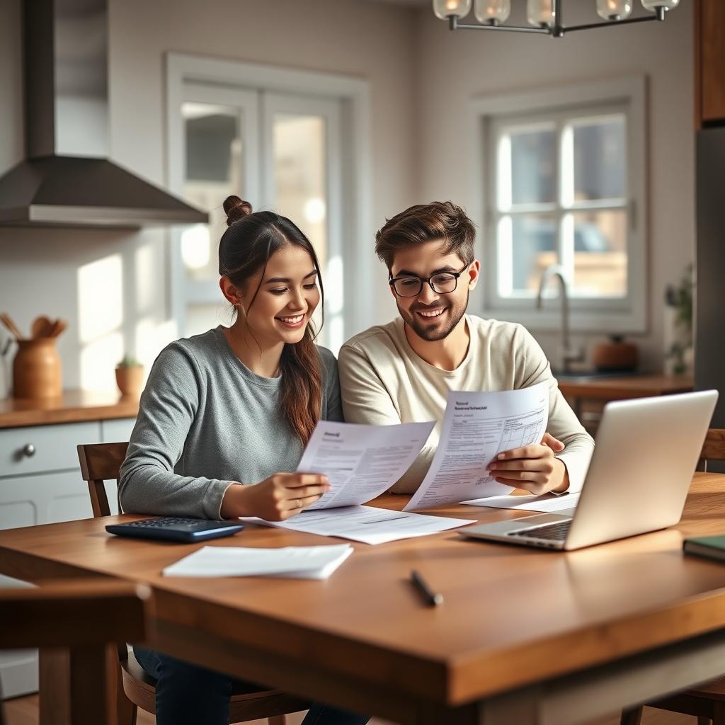 Young couple reviewing FHA loan documents at a kitchen table