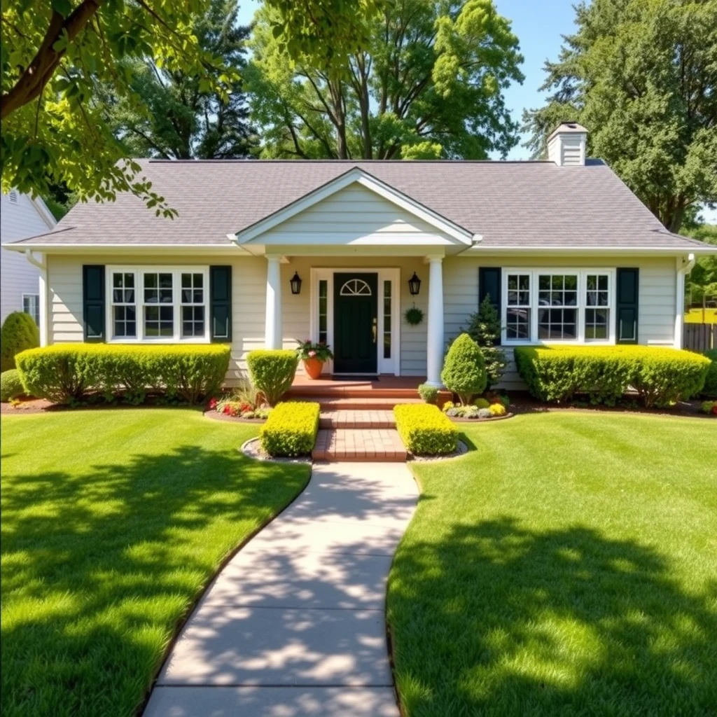 Well-maintained home exterior with fresh paint, trimmed lawn, and clear walkway