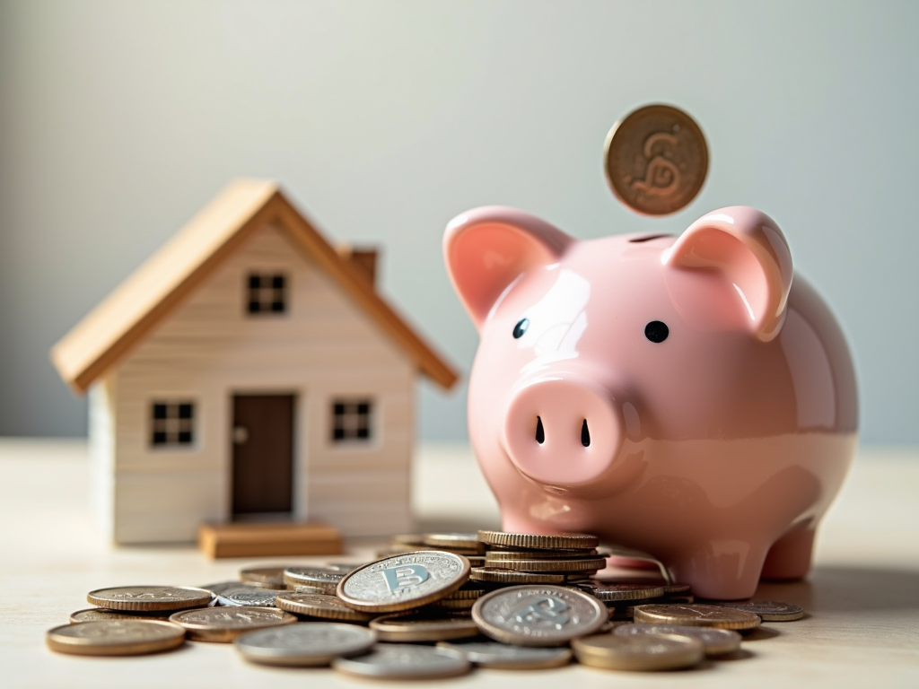 Piggy bank and model house representing down payment savings for FHA loan