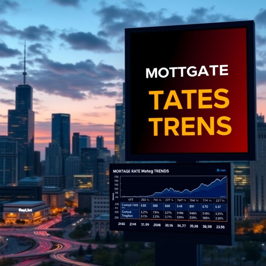 City skyline at dusk with a digital billboard showing mortgage rate trends