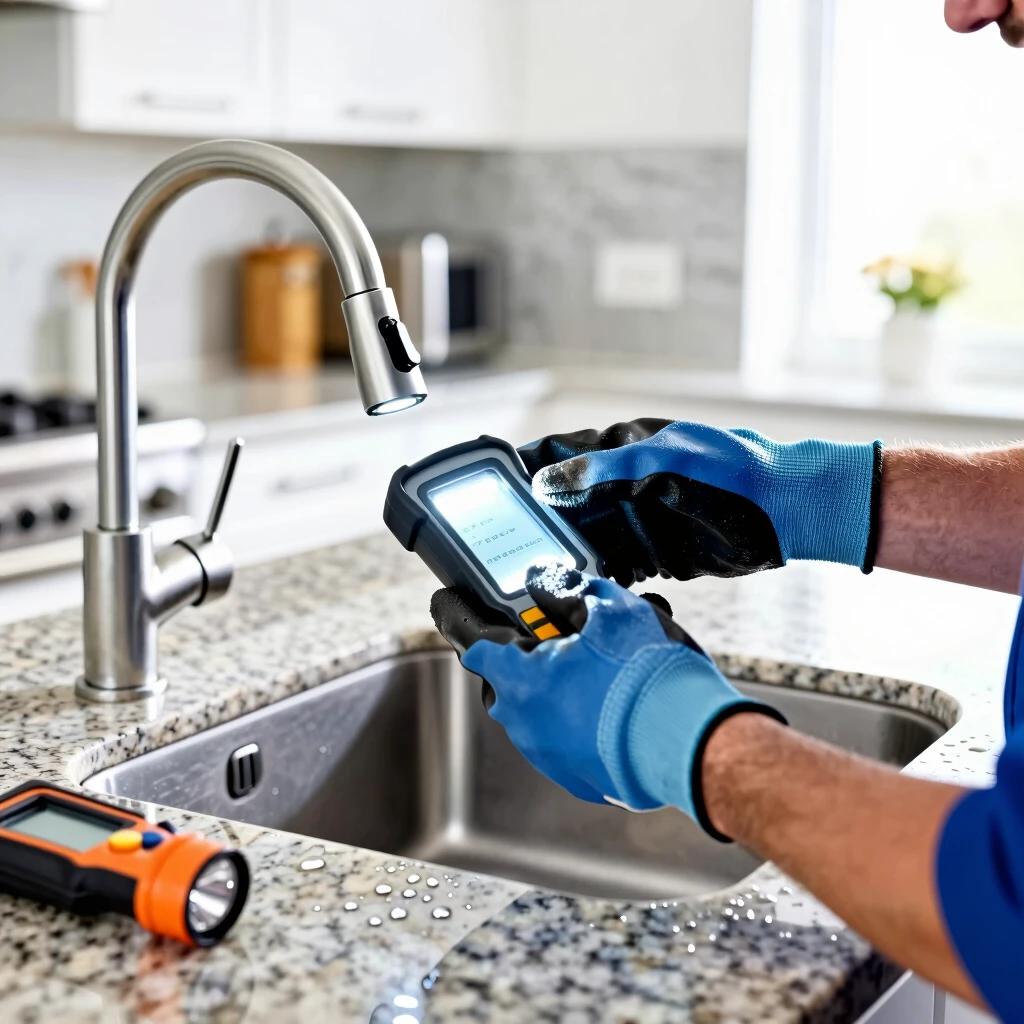 Home inspector checking kitchen plumbing during inspection