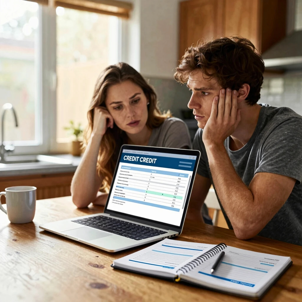 Couple checking their credit report at home