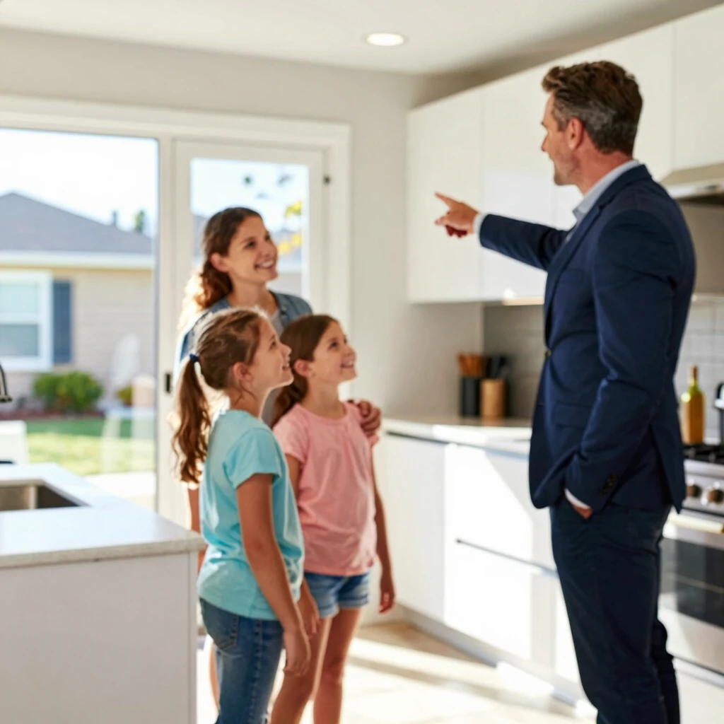 Family touring a home with real estate agent