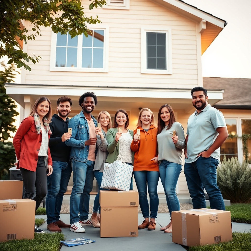 Happy new homeowners celebrating outside their house