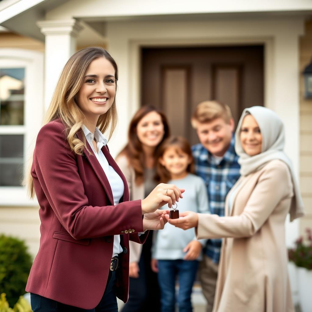 A family receiving keys to their new home from a real estate agent.