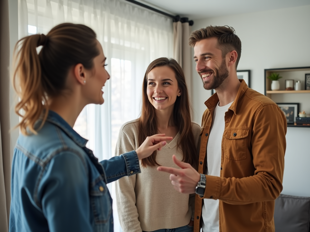Real estate agent showing a home to first-time buyers