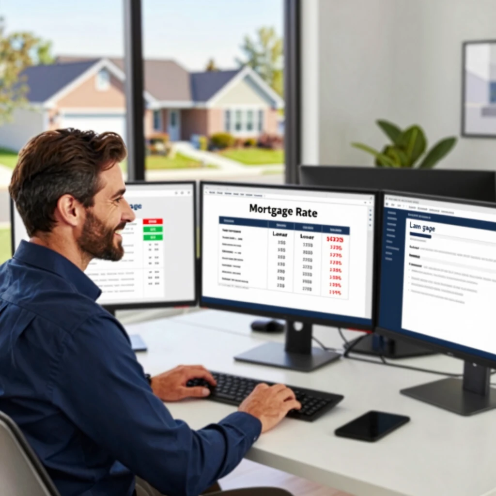 Mortgage broker working digitally in a home office with screens showing rates and applications