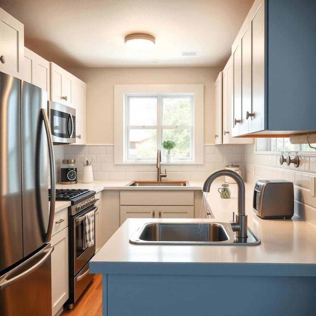 Interior view of a clean, modern kitchen prepared for an FHA appraisal, with stainless steel appliances and a tidy sink area.