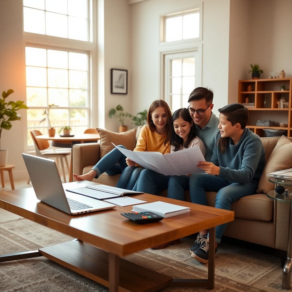 Family reviewing mortgage documents in a cozy living room