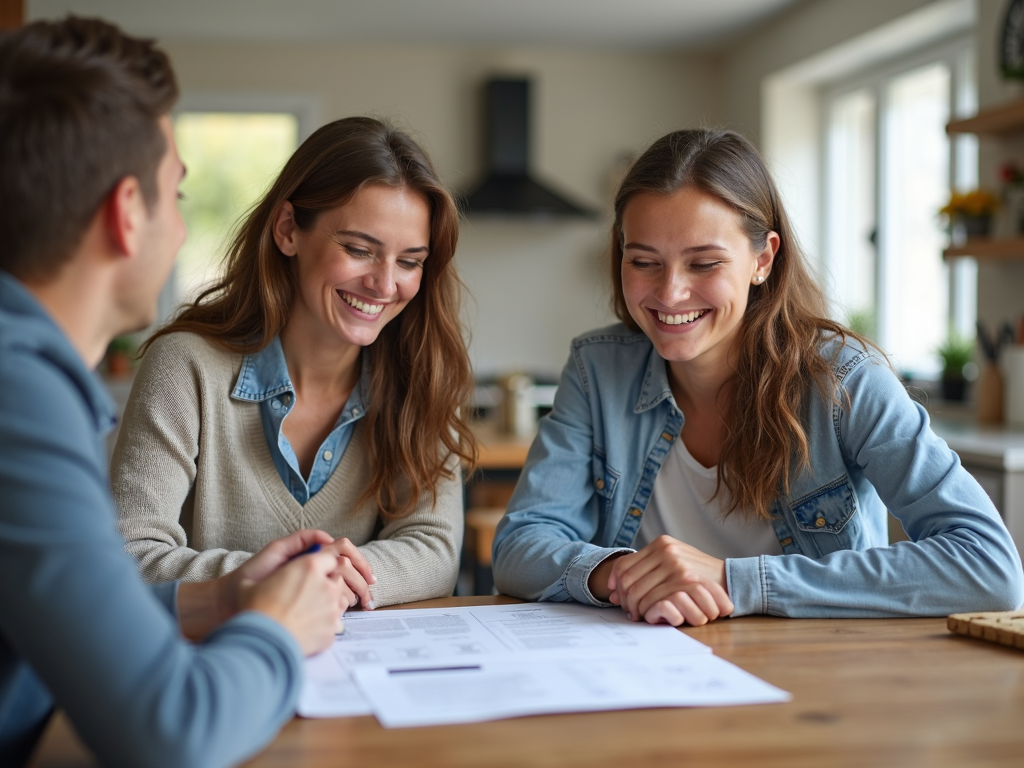 Young couple happily discussing FHA loan details with a lender at home.