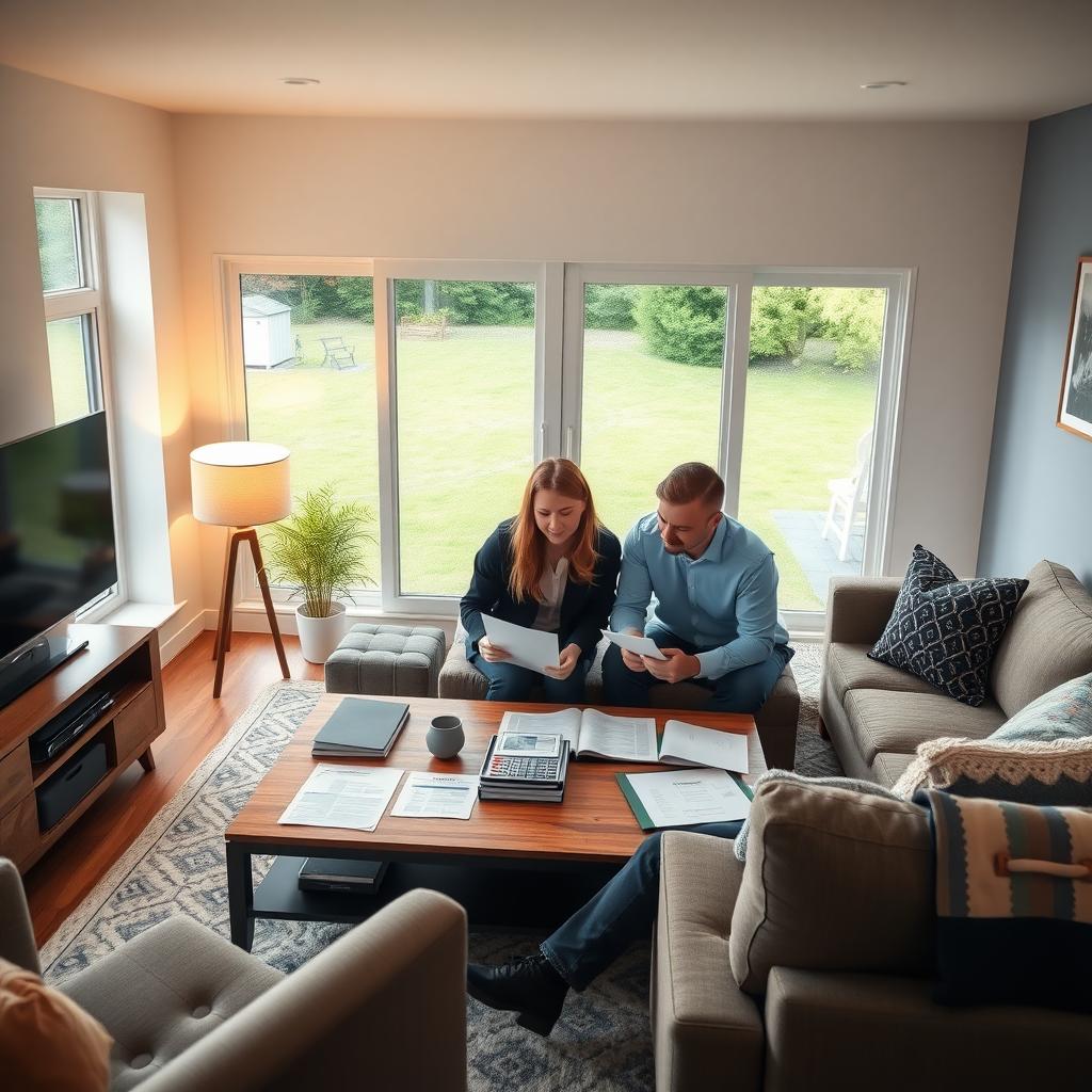 A real estate agent and a couple review appraisal documents in a cozy, modern living room with large windows.