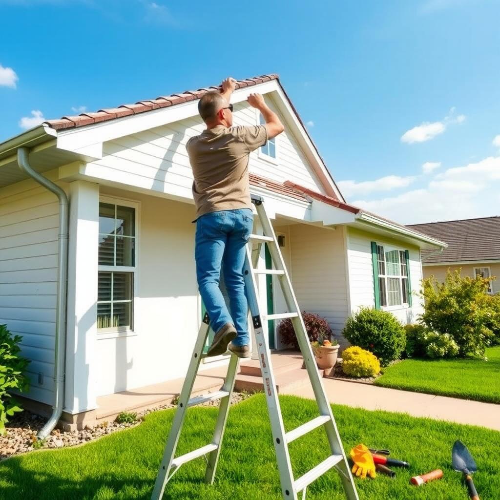 A homeowner cleaning gutters on a ladder in front of a neat suburban house on a sunny day.