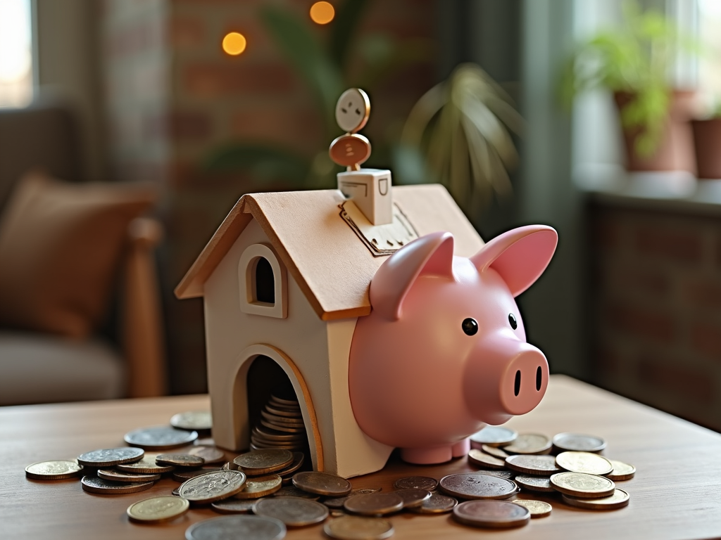 House-shaped piggy bank filled with money for a down payment