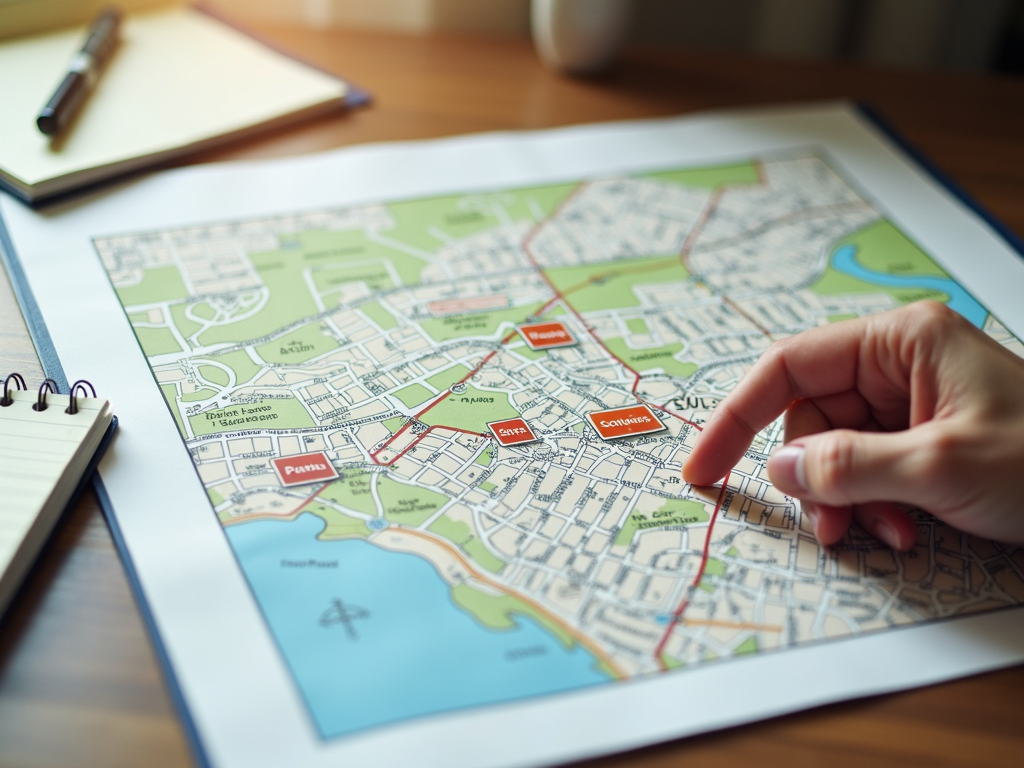 A neighborhood map with highlighted schools, parks, and stores, used to pick the best location.