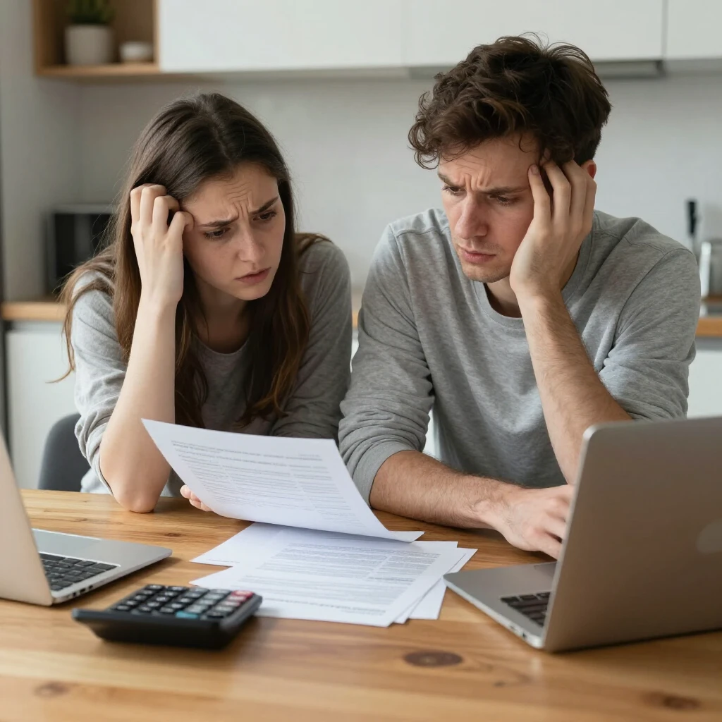 Young couple worried while reviewing FHA mortgage documents at home