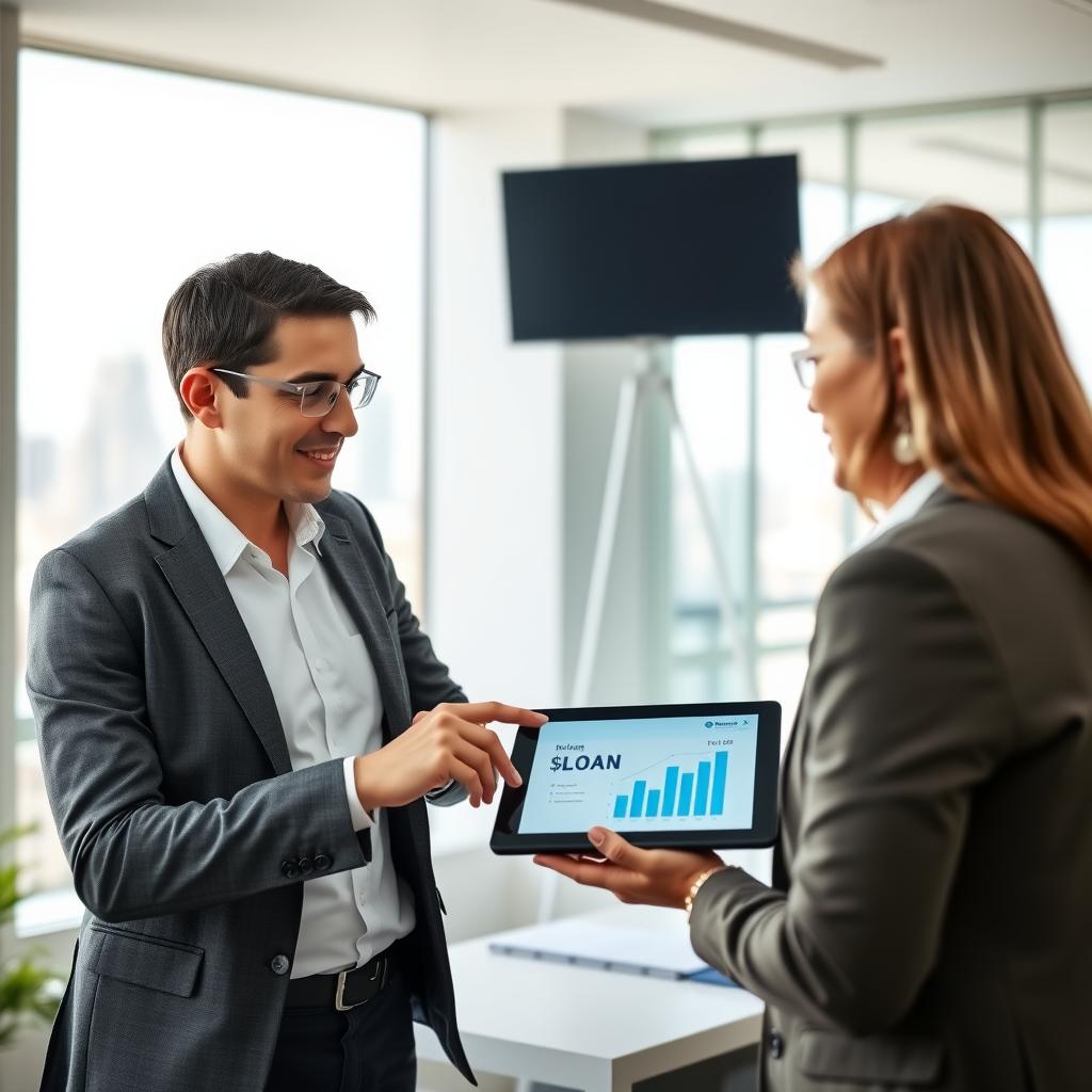 Mortgage broker explaining loan options to a client in a modern office