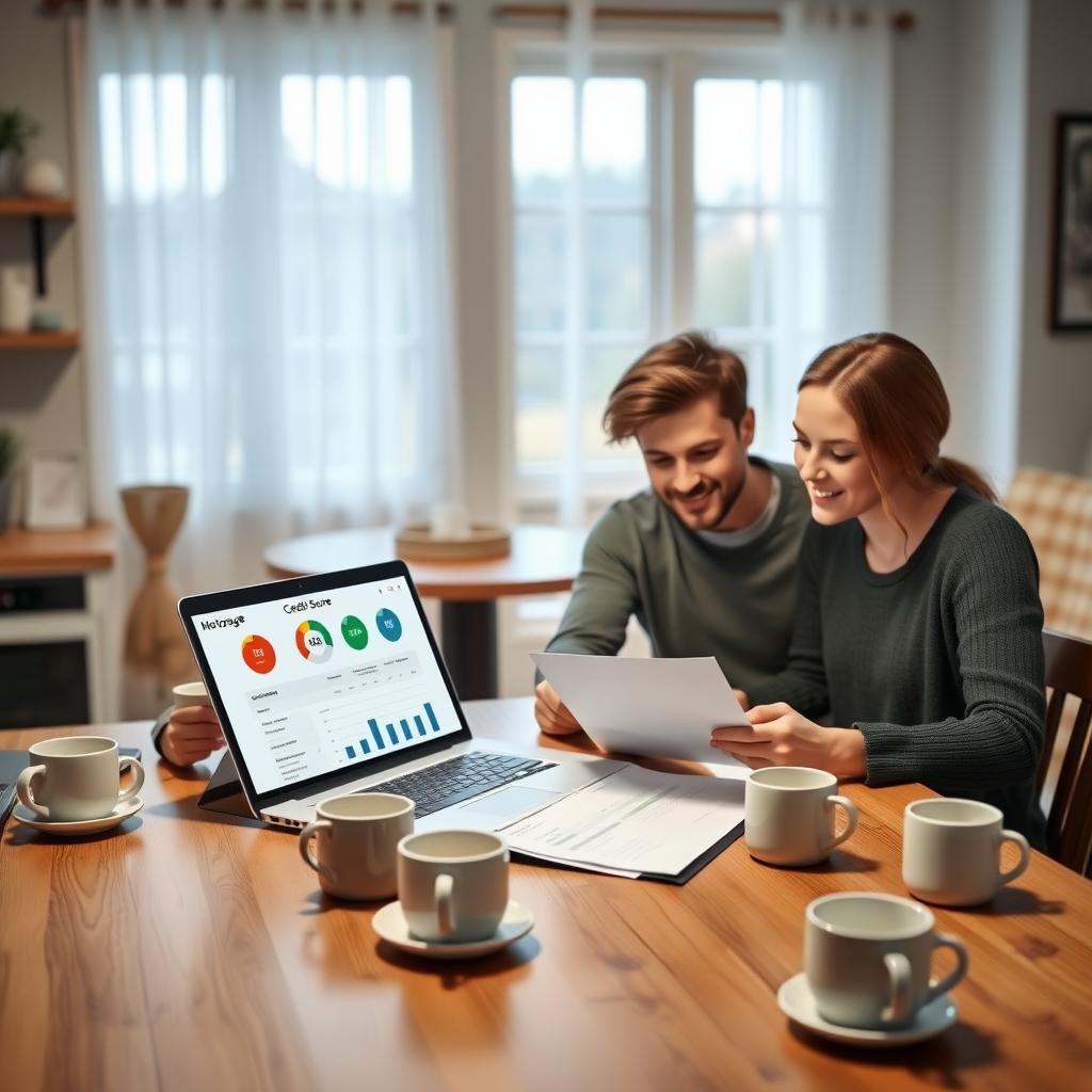 Couple reviewing mortgage documents and credit score at a kitchen table.