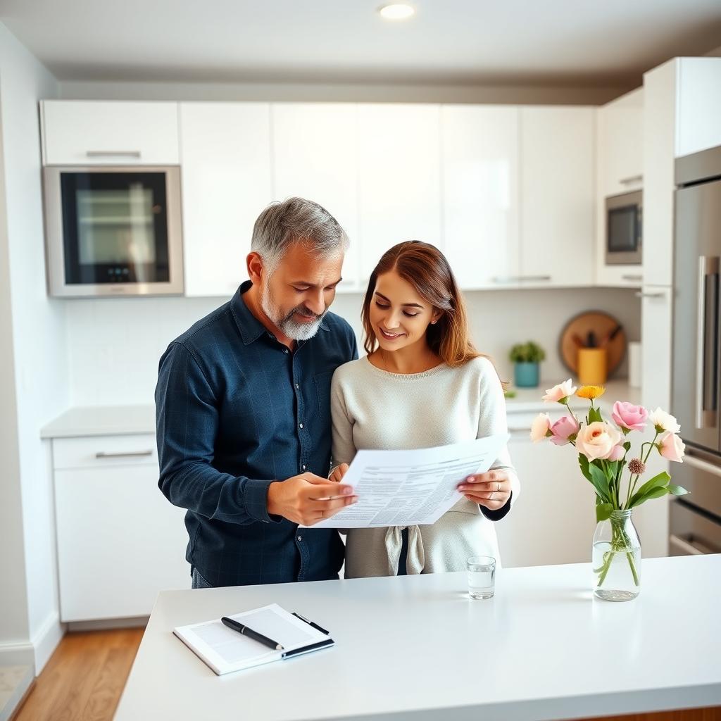 Couple in a modern kitchen reviewing financial documents on a tablet.