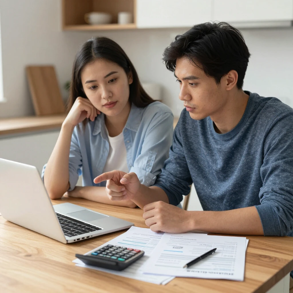 First-time homebuyer couple reviewing mortgage documents and budget at home