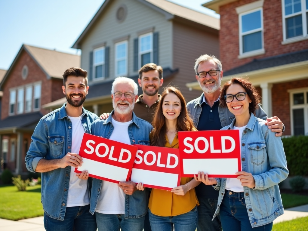 New homeowners celebrating with Sold signs