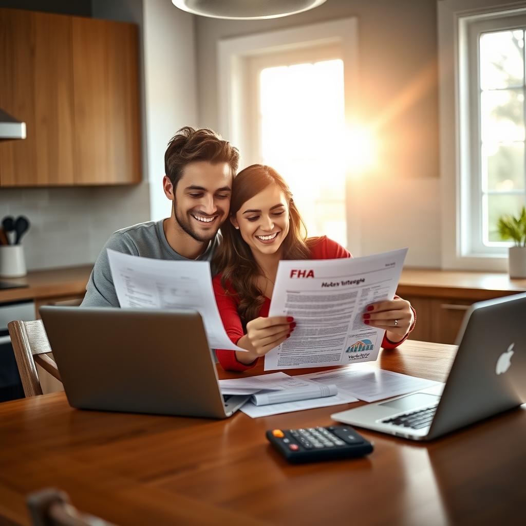 Young couple reviewing FHA mortgage paperwork in a cozy kitchen