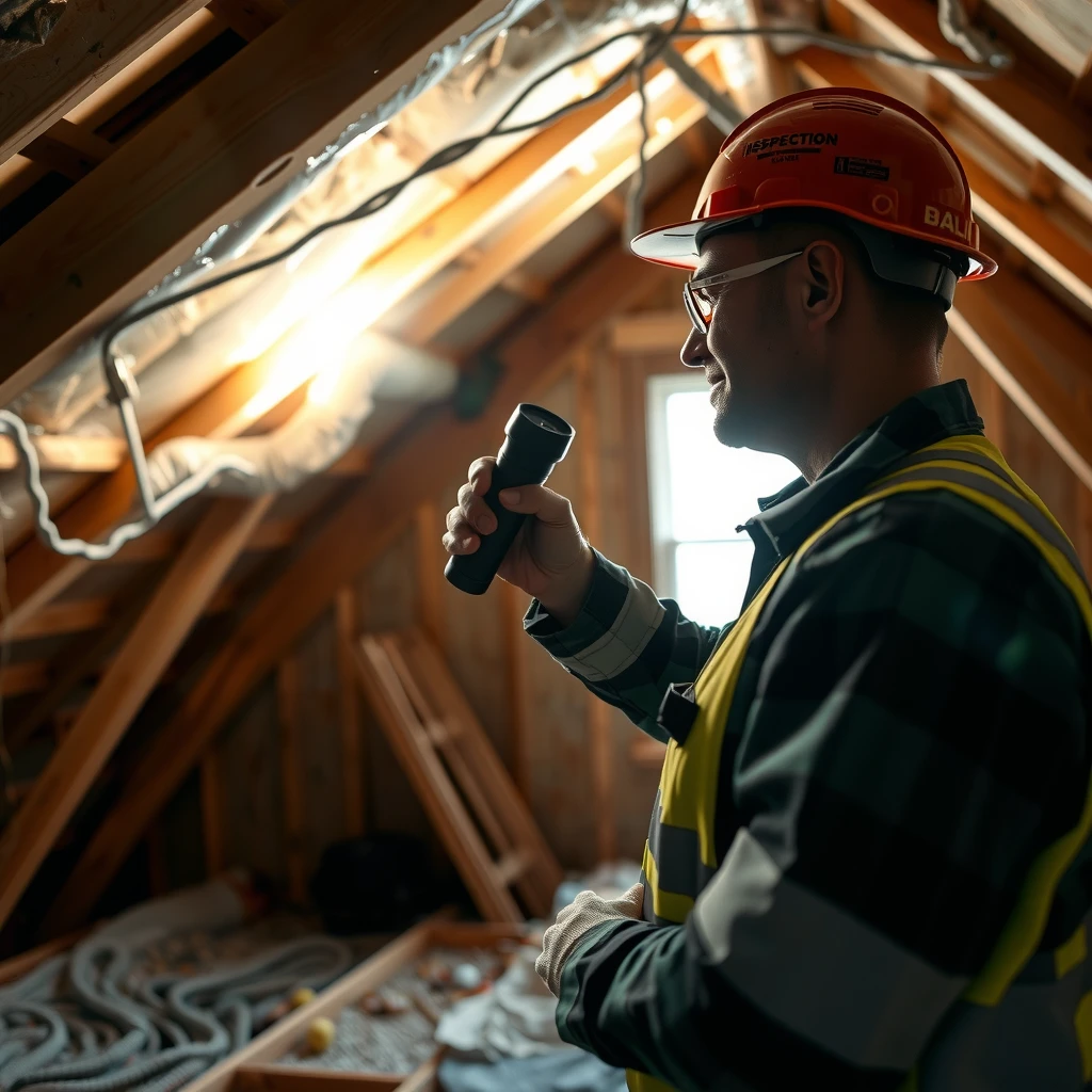Home inspector examining attic