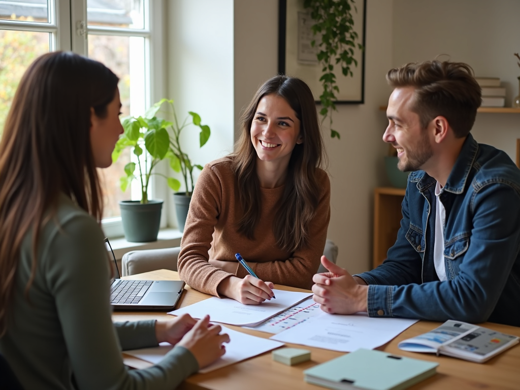 Real estate agent discussing FHA loan benefits with a young couple