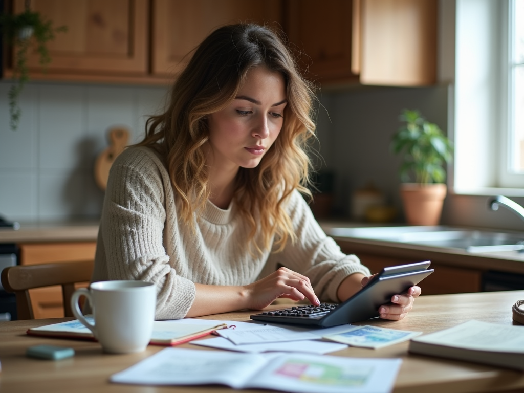Woman calculating debt-to-income ratio at home