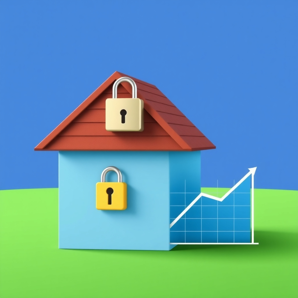 Illustration of a fixed-rate mortgage showing stability with a locked house and flat rate graph