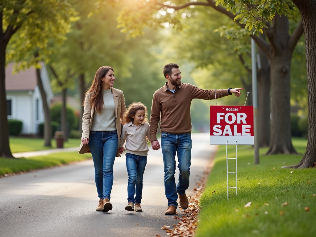 Family looking at homes in neighborhood