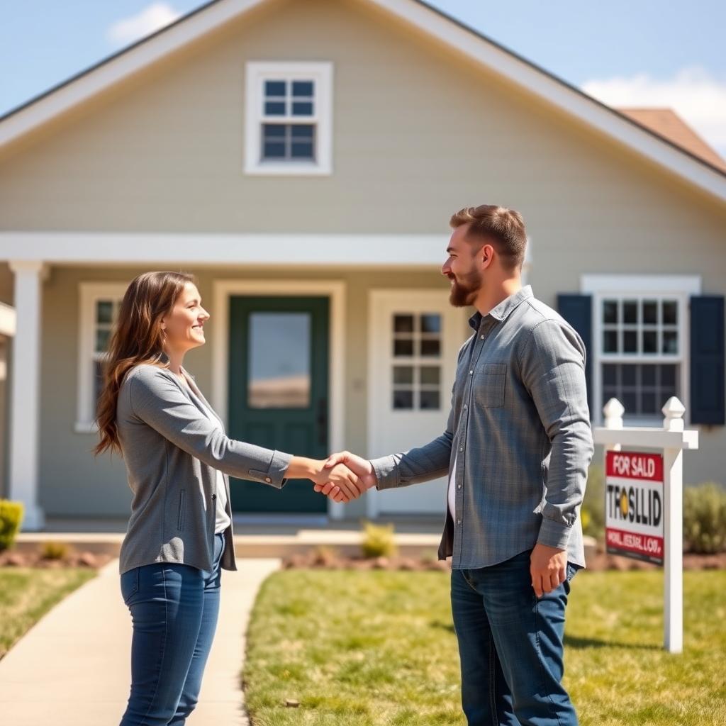 First-time homebuyer shaking hands with real estate agent outside a new home