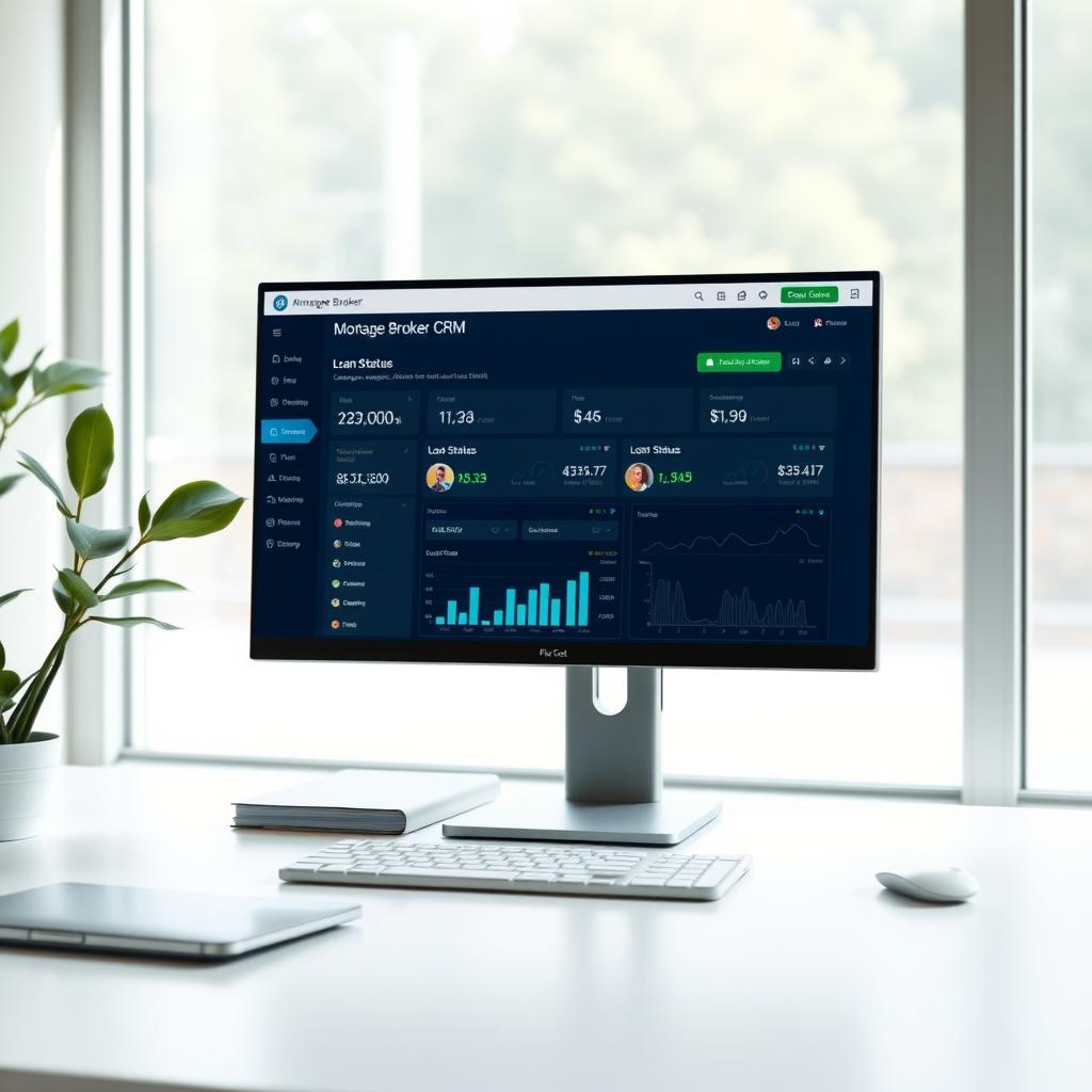 Computer screen showing a mortgage broker CRM dashboard in a modern office