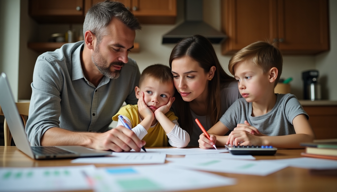 A family sitting together discussing household finances with a laptop open on a kitchen table.