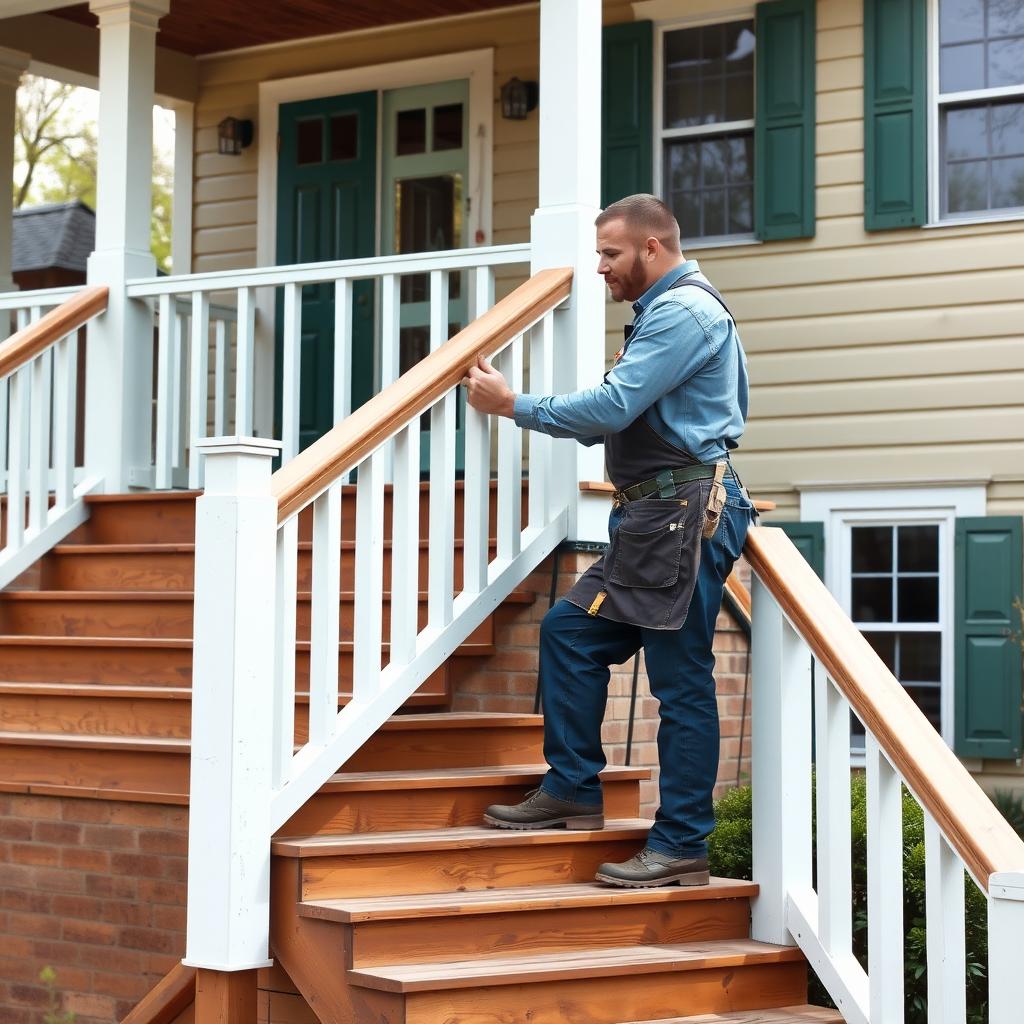 Contractor repairing a handrail on an outdoor staircase of a home.