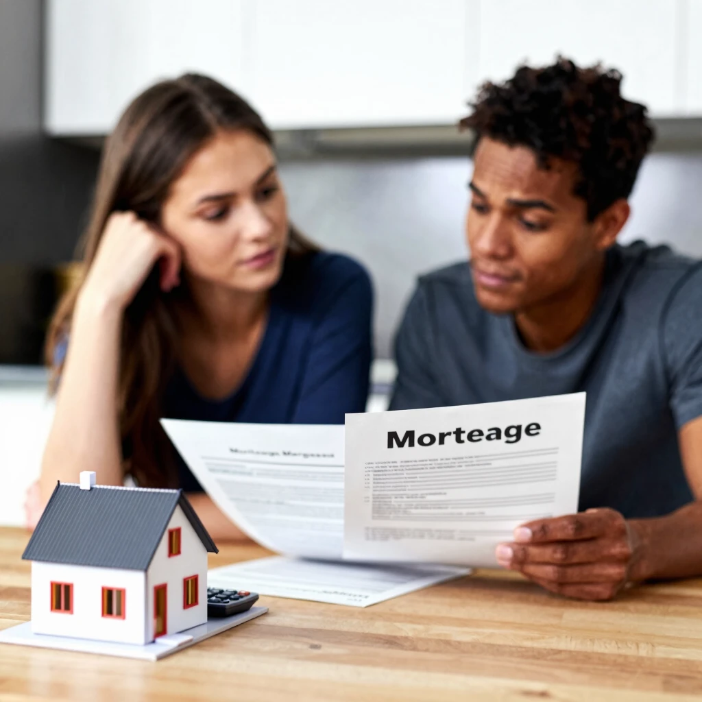 Young couple reviewing FHA loan documents at home