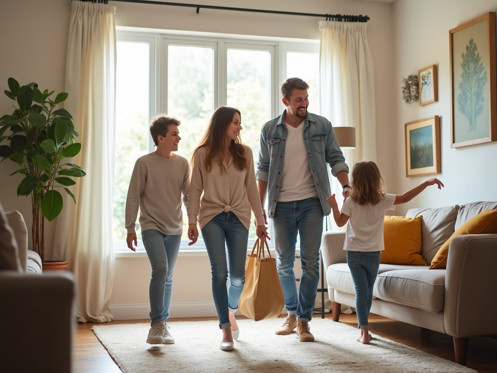 Family touring a potential home with real estate agent.