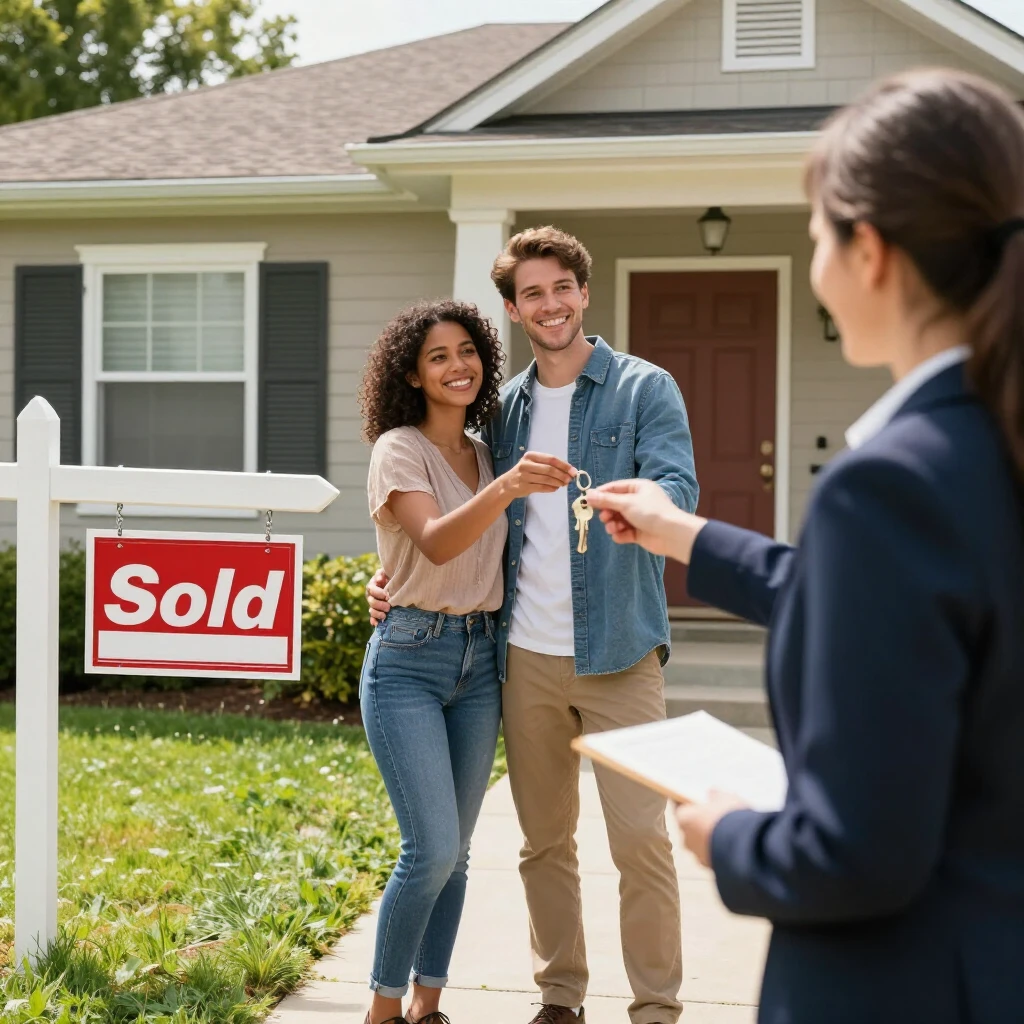 Young couple receiving keys to their new home