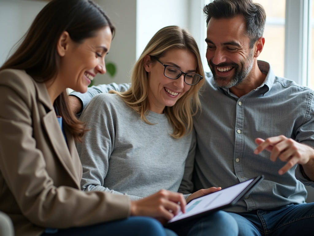 Couple discussing mortgage application with a broker.